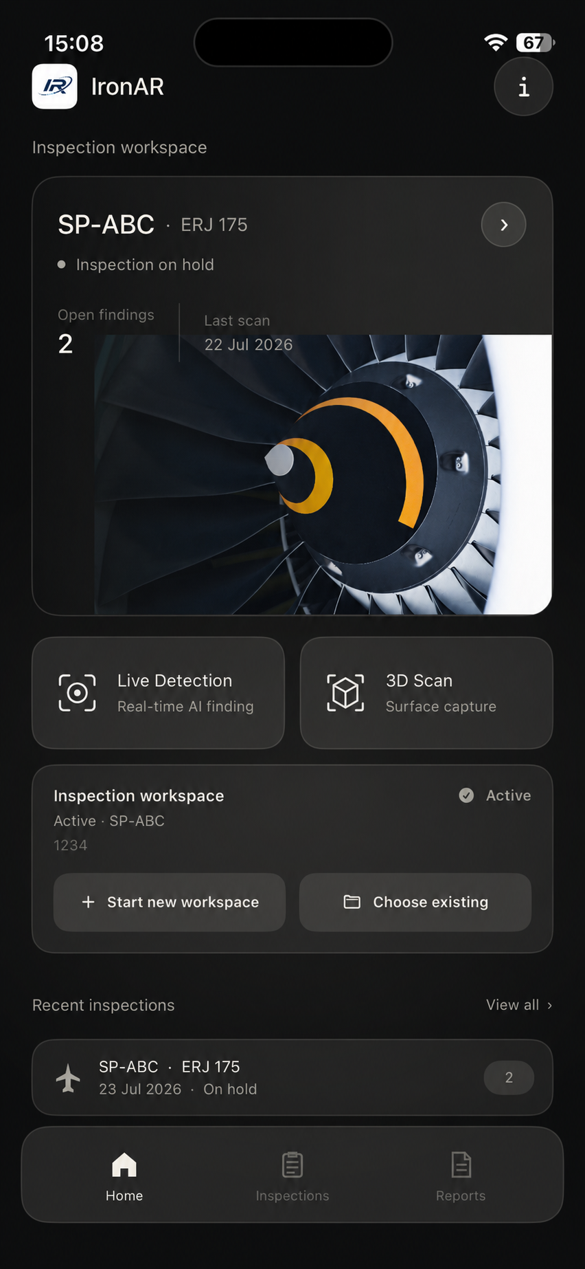 IronAR Home screen showing an active aviation inspection workspace