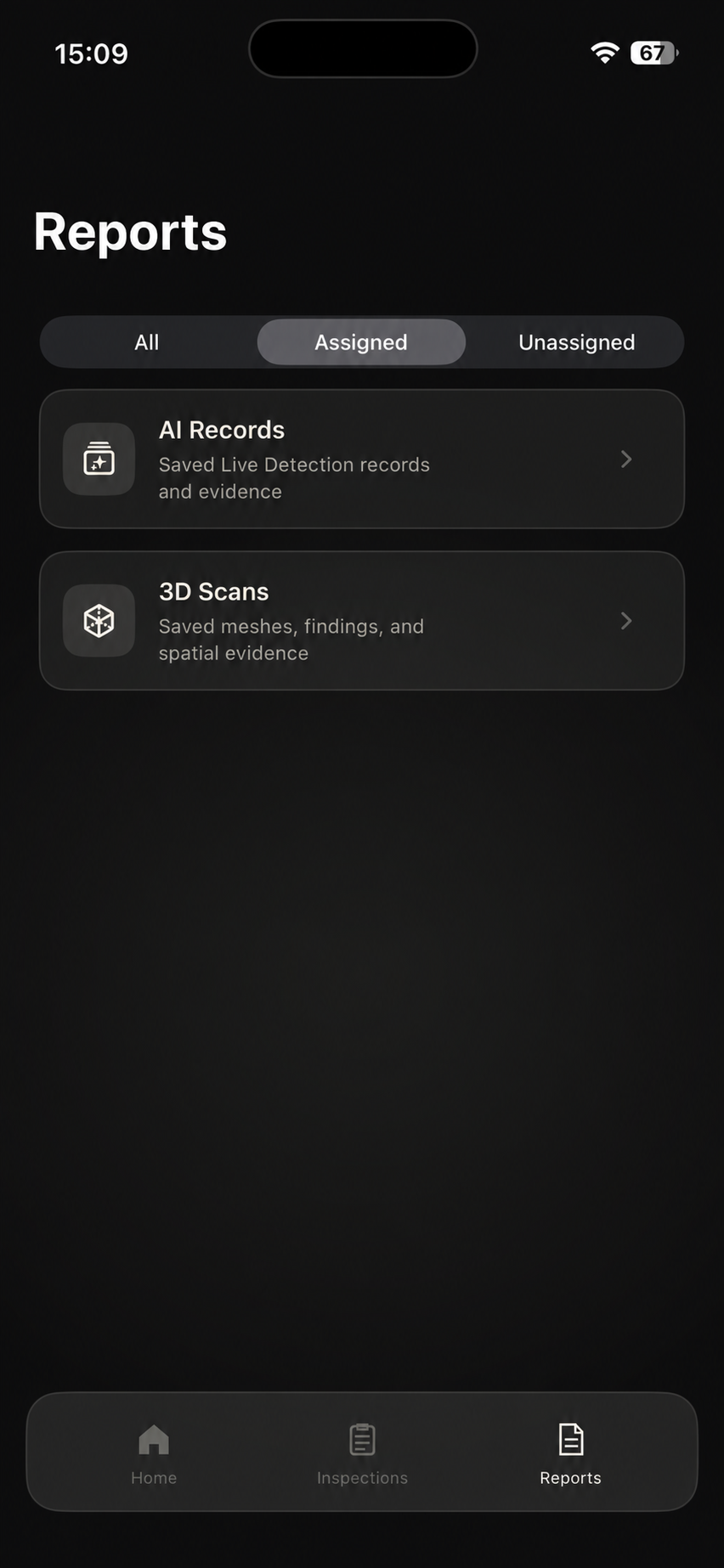 IronAR Reports screen with assigned AI records and 3D scans